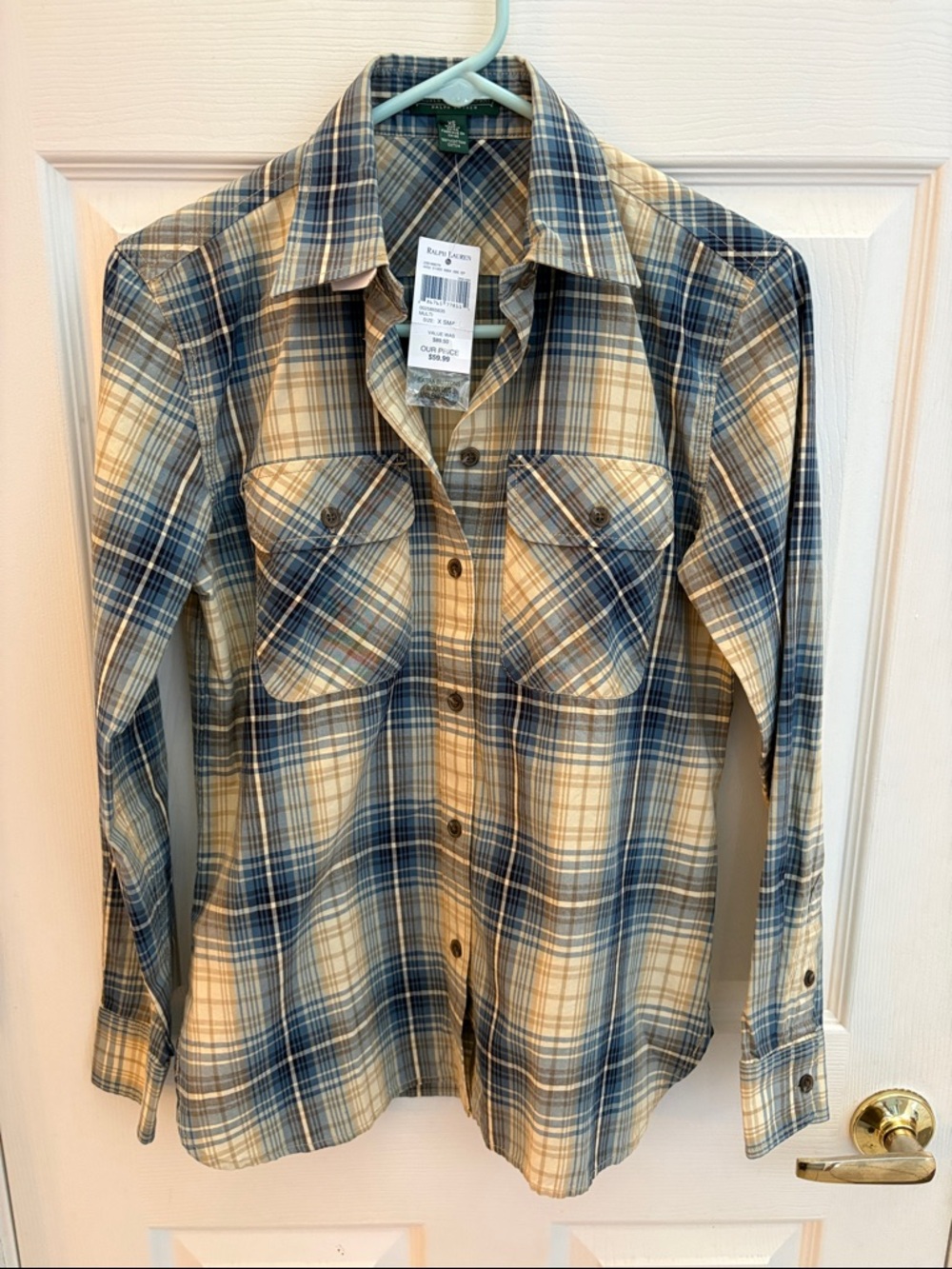 Ralph Lauren NWT size XS Blue & Cream Plaid Button-Down Shirt brand new!